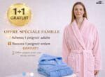 A l’achat d’un peignoir bouclette col châle adulte dans les tailles S, M, L au prix de 539 DHS, recevez un peignoir enfant taille 6 à 12ans.