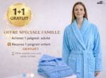 A l’achat d’un peignoir bouclette col châle adulte dans les tailles S, M, L au prix de 539 DHS, recevez un peignoir enfant taille 6 à 12ans.