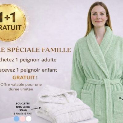 A l’achat d’un peignoir bouclette col châle adulte dans les tailles S, M, L au prix de 539 DHS, recevez un peignoir enfant taille 6 à 12ans.