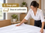 Femme étendant un drap plat blanc sur un lit une place