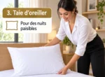 Femme plaçant un oreiller dans sa taie blanche sur un lit